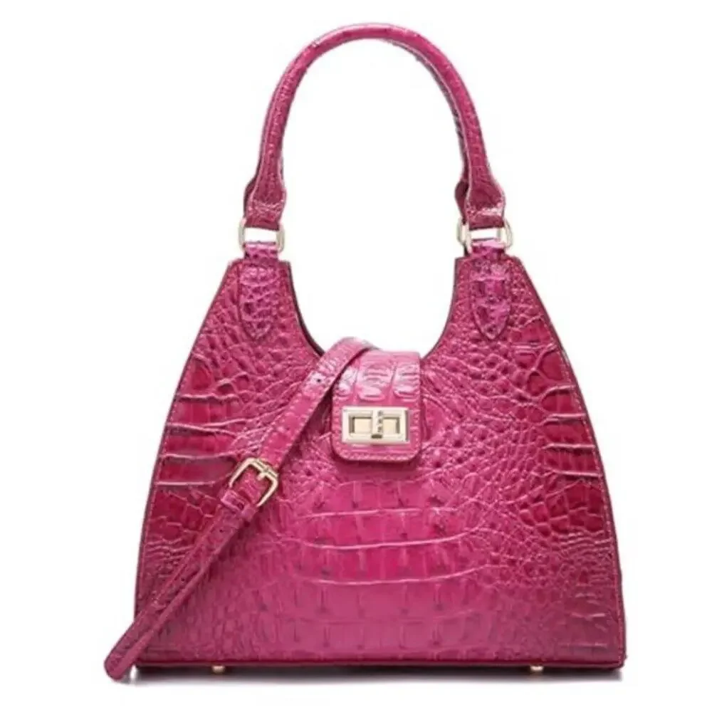 Ladies Tote Dark Pink Vegan Leather Bags Crocodile Embossed Zipper Satchel Purse